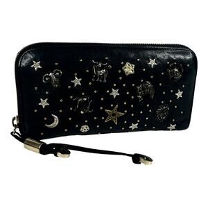 Jimmy Choo Long Wallet Zodiac Studded Zip Black Leather Clutch Purse Authentic